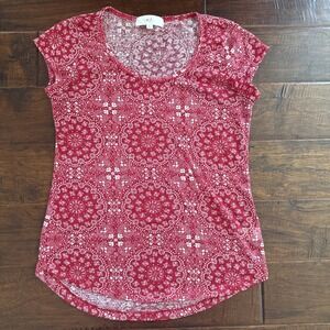 W.F Red & White Handkerchief Print Short Sleeve Top Women's Size Large Western‎